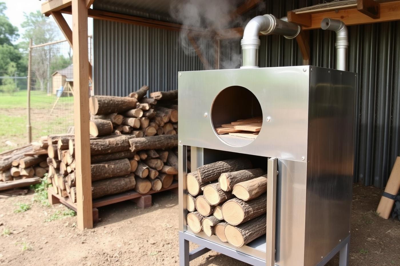 Forno ecológico metálico com tubulação de condensação e madeira empilhada
